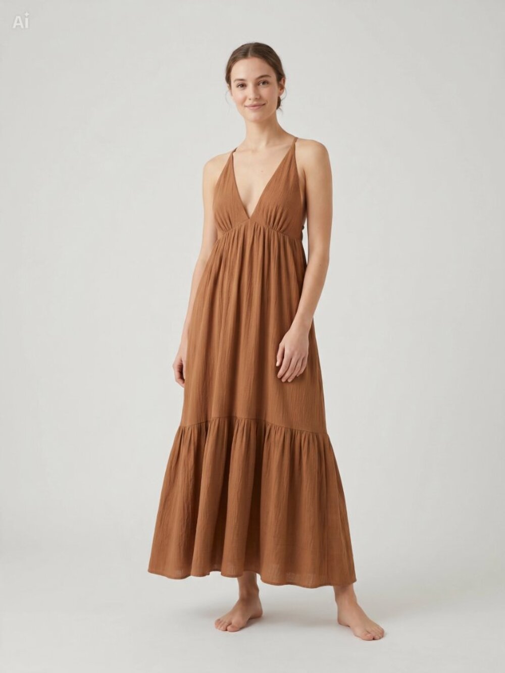 Cognac Brown Boho Textured Crepe Tiered Maxi Dress
